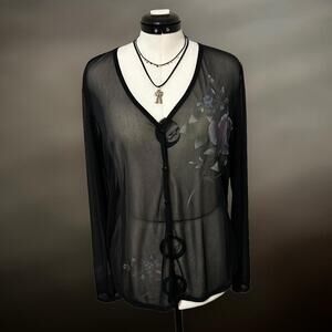 90s Carole Little Sheer Dark Rose Print Cardigan XL
